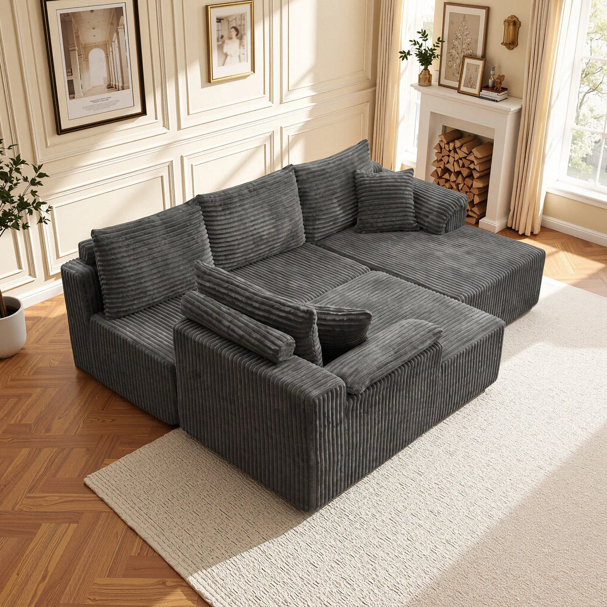 Oversized Vertical Striped Corduroy Modular Sofa, Freely Combinable U-Shaped Corner Sectional with Chaise Lounge, Luxury Cloud Deep Seat Fabric Couch, No Assembly Lazy Sofa with Throw Pillows for Living Room & Apartment, Idea