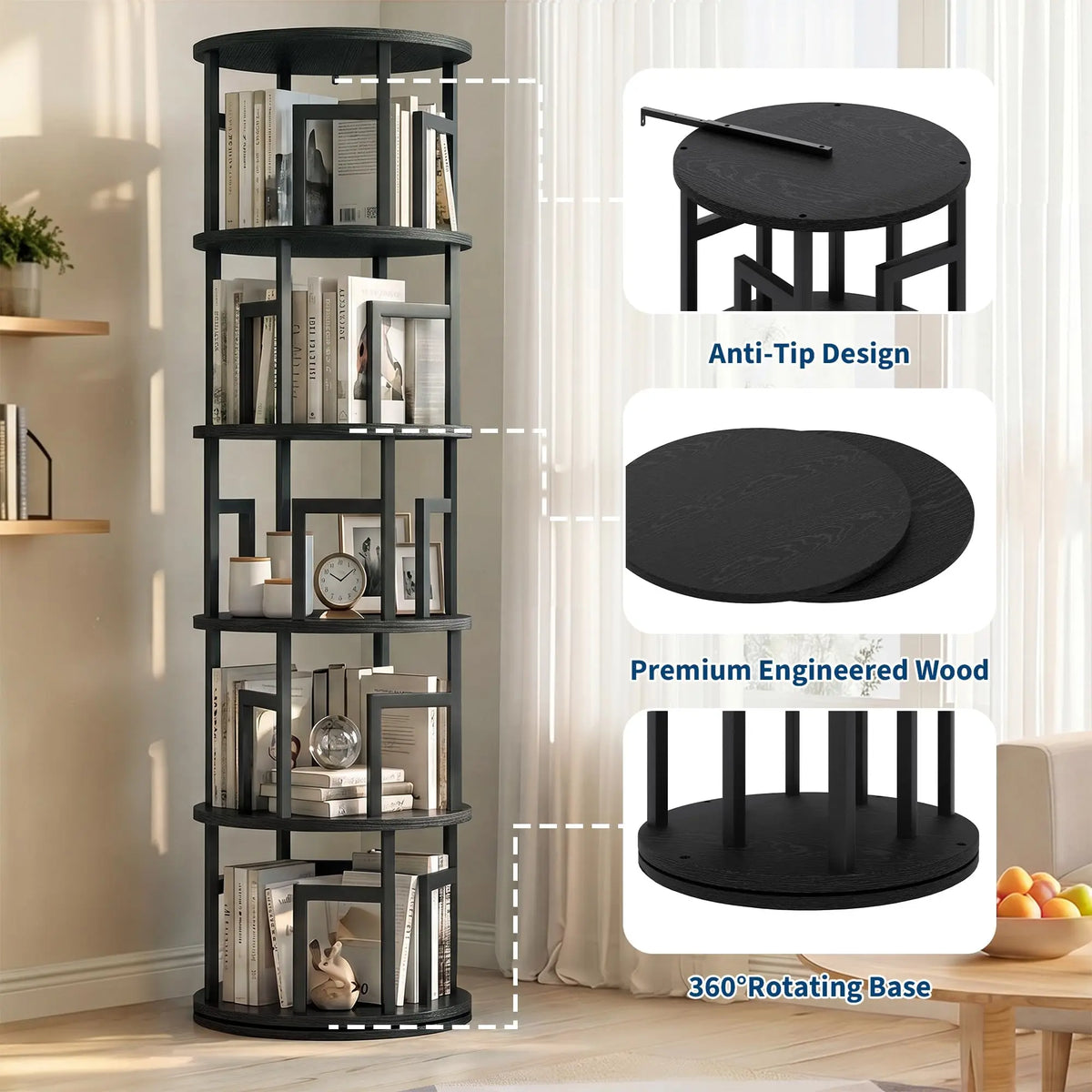 HiMISS 5 Tier Rotating Bookshelf Modern Corner Storage Tower
