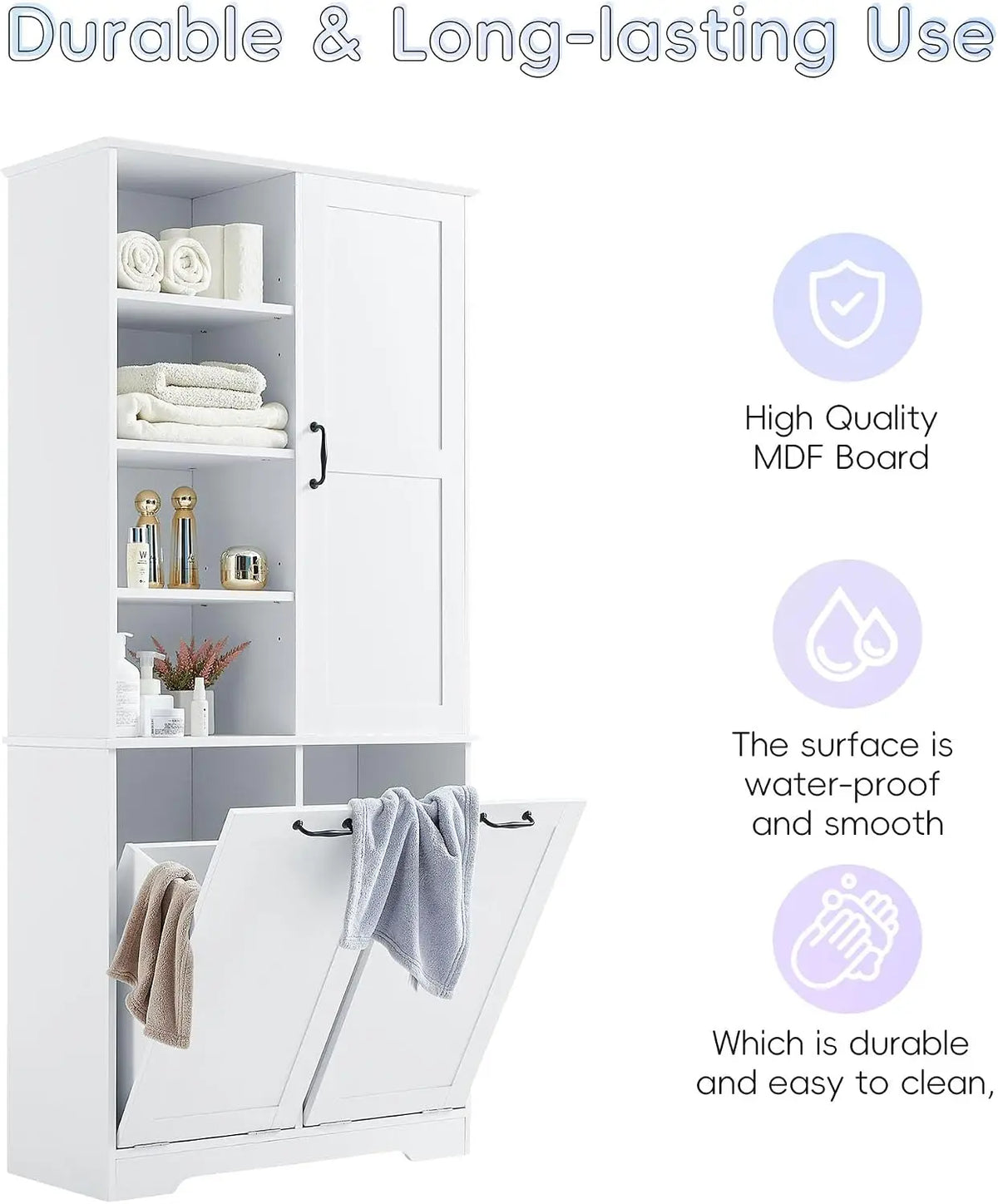 Tall Storage Cabinet with Door and Open Shelf, Multi-Functional Laundry Hamper Basket for Home Bathroom, Laundry Room, White