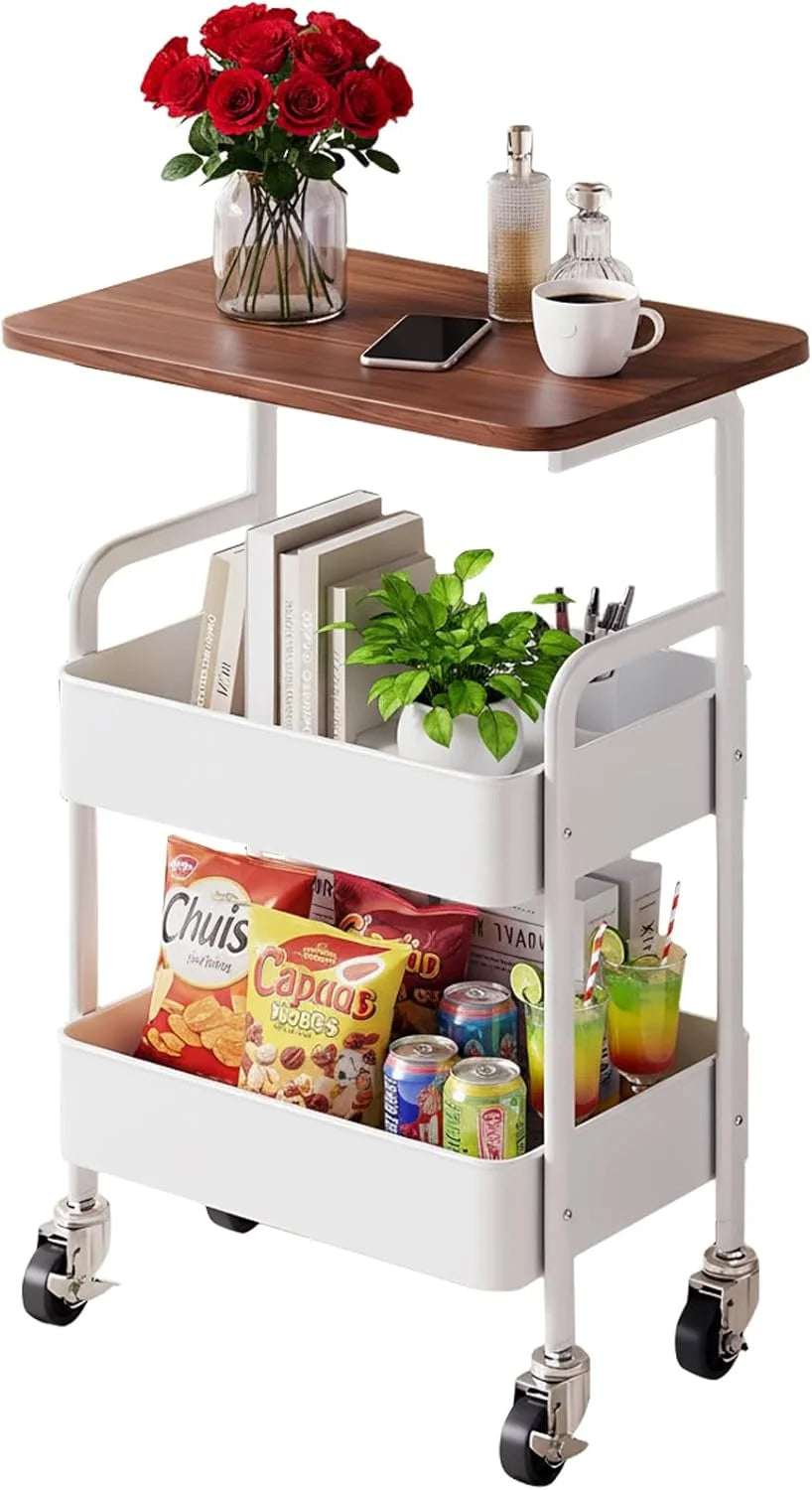 Metal Rolling Storage Cart With Walnut Wood Top Three Tiers