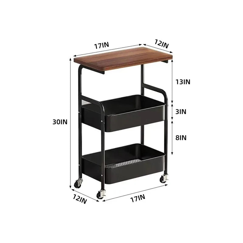 Metal Rolling Storage Cart With Walnut Wood Top Three Tiers
