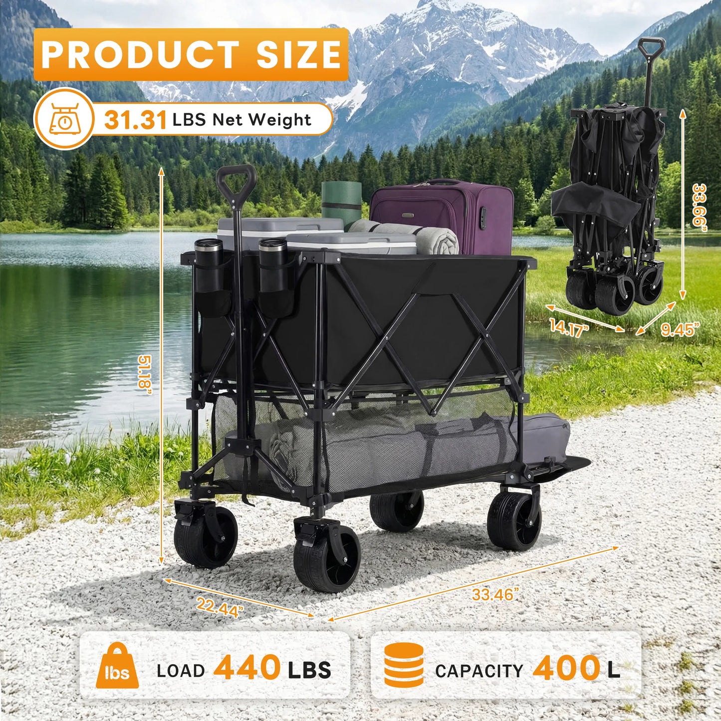 JHK Outdoor Foldable Garden Cart Dual Deck Capacity 440 Lbs