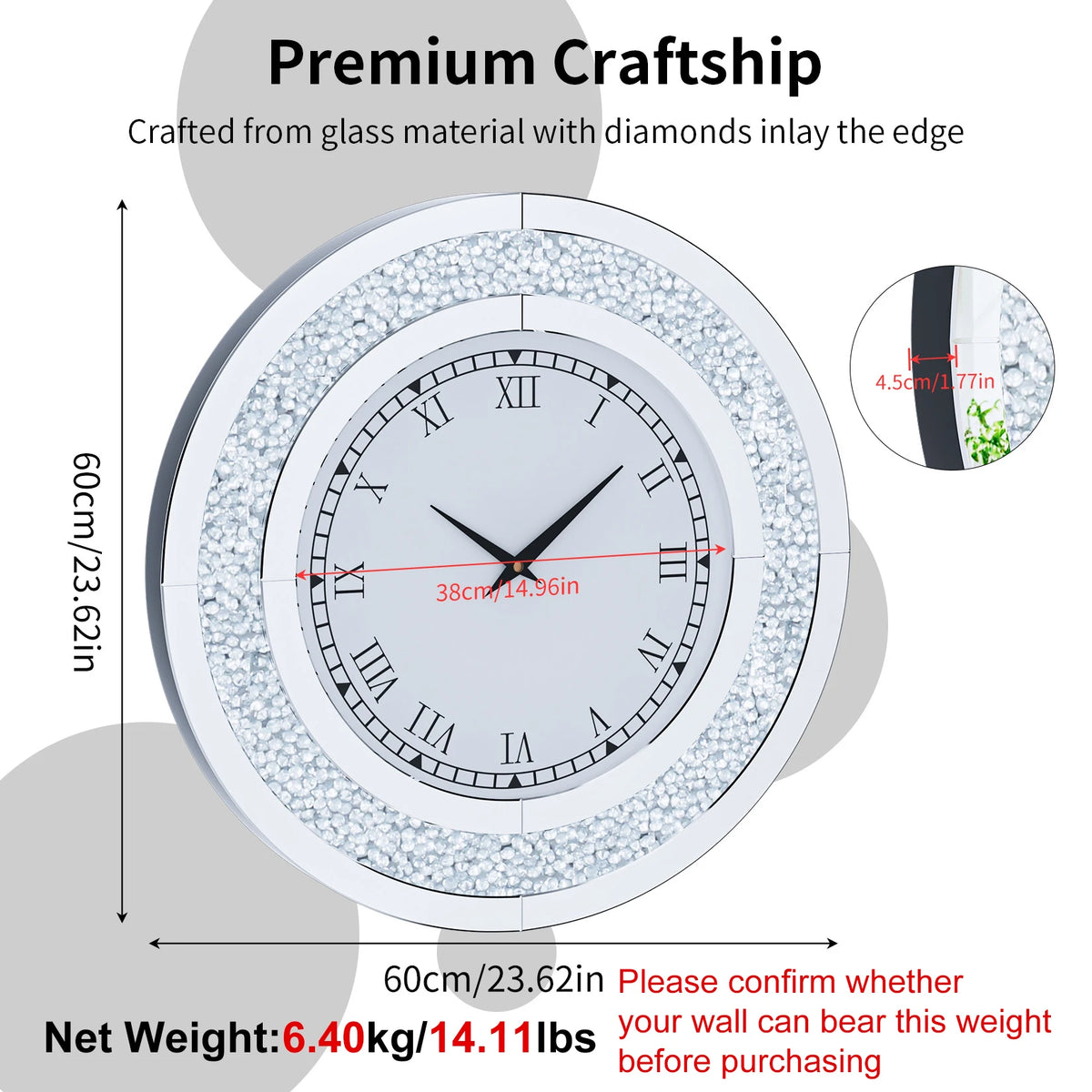 Elegant Silent Quartz Wall Clock With Crushed Diamond Edge