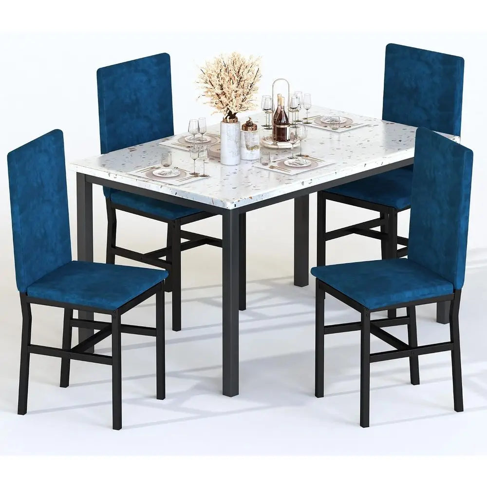 Dining Table Set or 4, ern aux Marble Dining Table Set with 4 Upholstered Velvet Chairs, Dining Room Table Set or Kitchen, Break