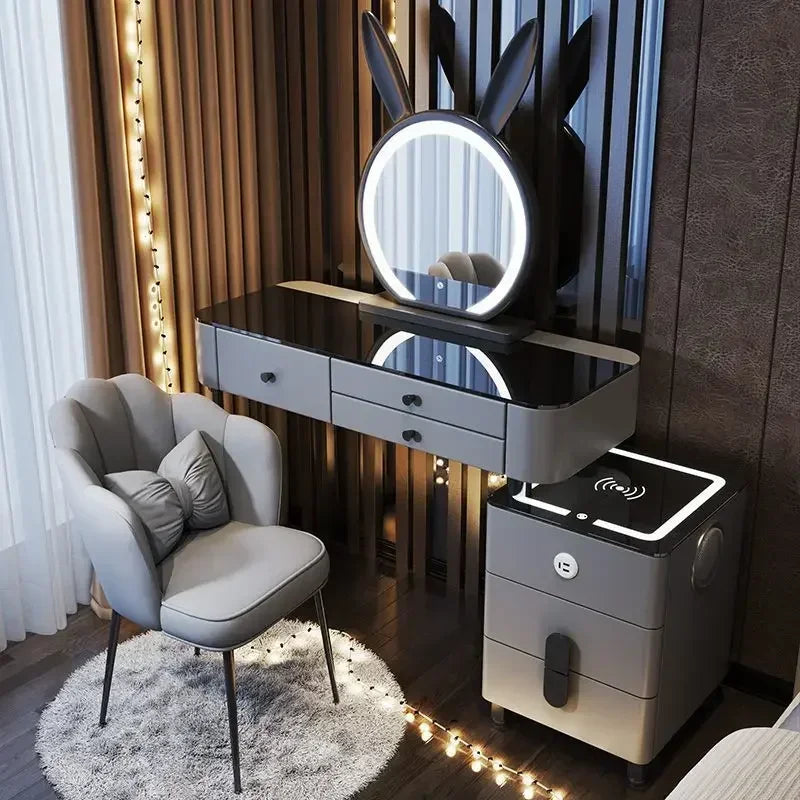 Modern Wooden Makeup Vanity With Wireless Charging And LED Mirror