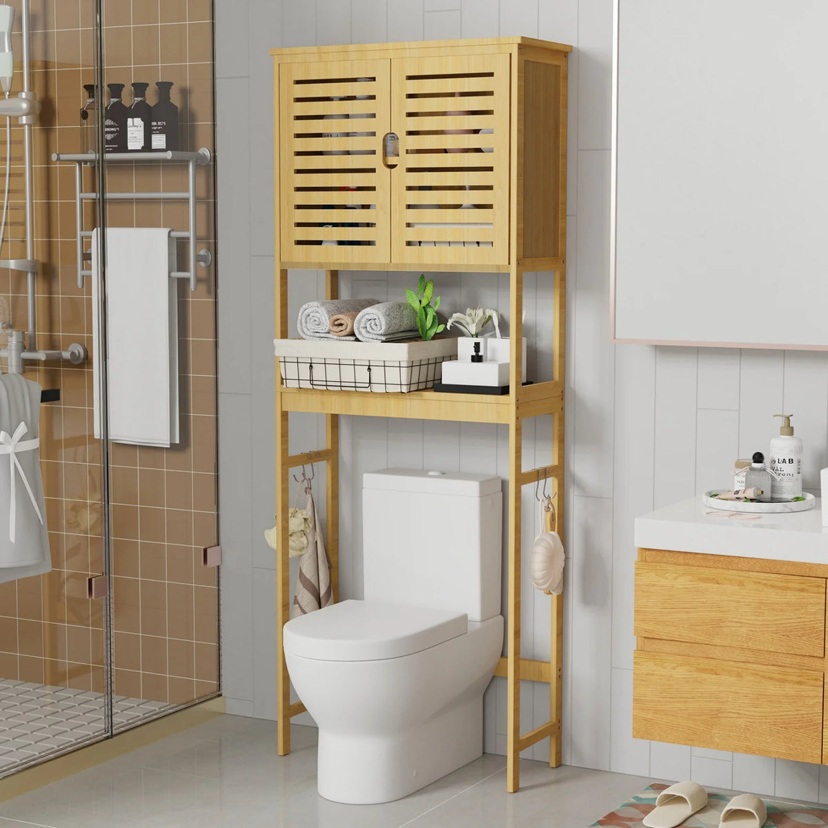 Natural Bamboo Over The Toilet Storage Rack Three Tier Shelves