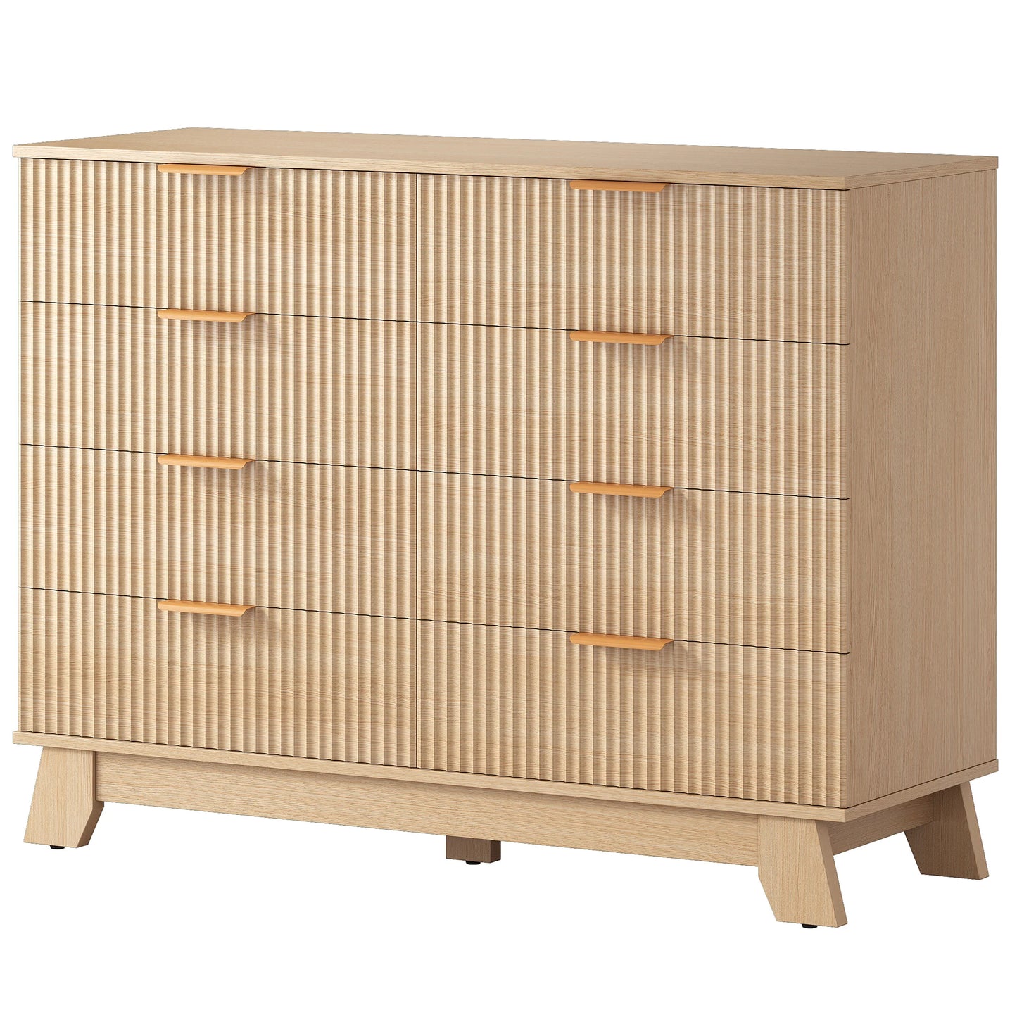 JHK 8 Drawer Dresser Fluted Wooden Cabinet Wide Modern Chest of Drawers with Gold Metal Handles Storage Organizer Unit for Living Room Hallway