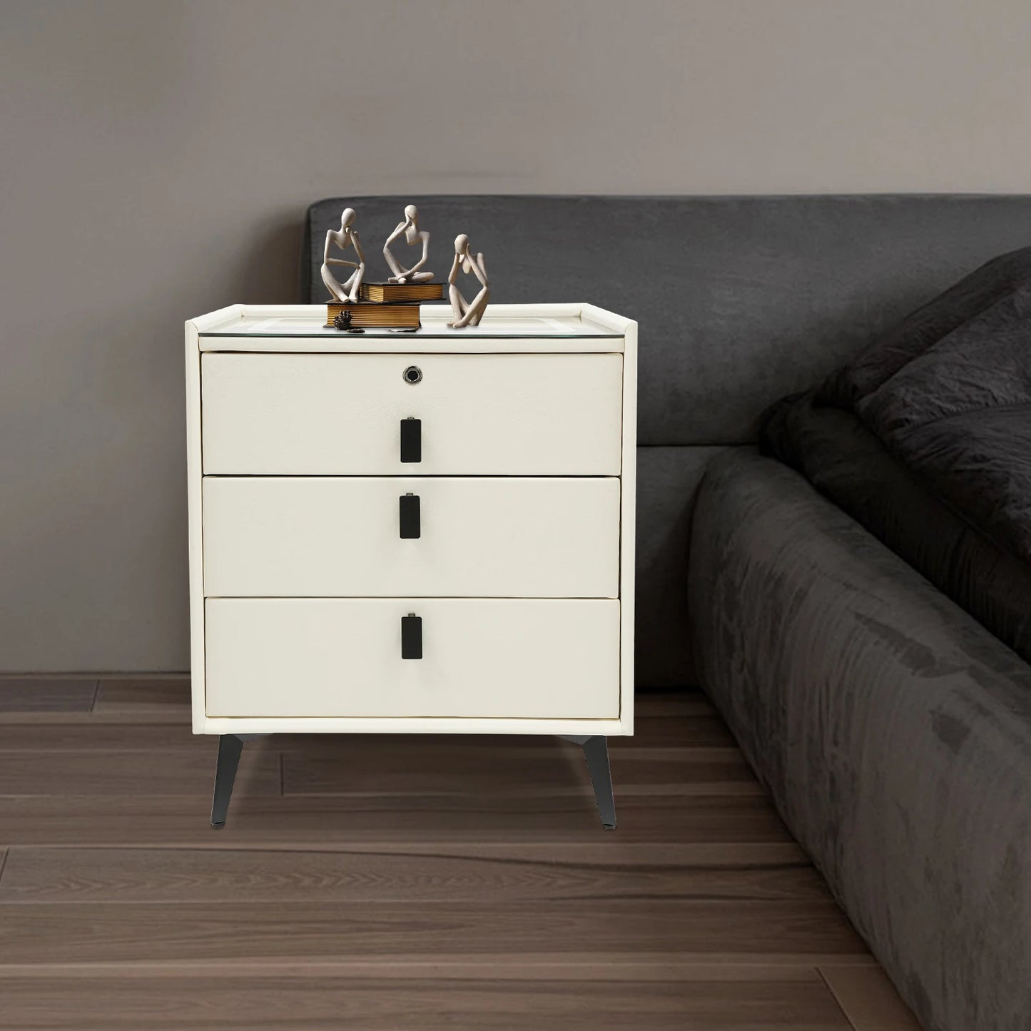 Solid Wood Smart Bedside Table with Drawers - Beige White Nightstand, USB/ Wireless Charging + Bluetooth Speaker