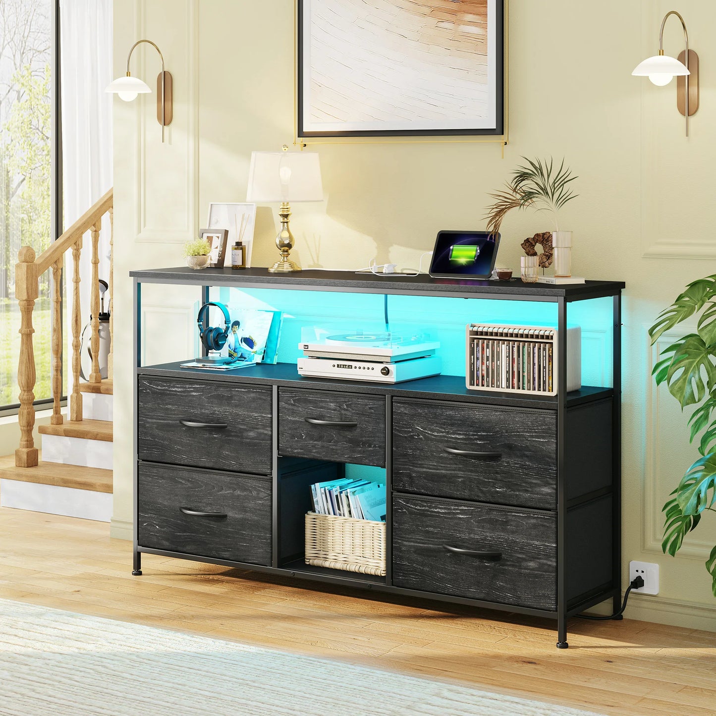 5‑Drawer TV Console with LED Accent Lights – 45/50" Compatible, Metal Frame, Leveling Feet, Scratch‑Resistant Top, Quick Assembly – Spacious Shelves + Fabric Drawers – Ideal for Dorm, Apartment, Living Room Use