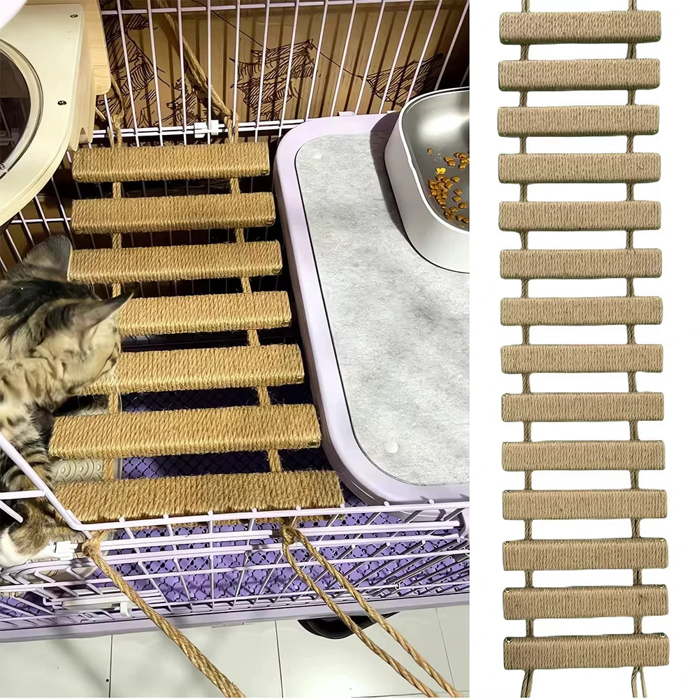 Wooden Cat Bridge For Cage With Sisal Rope Ladder Scratcher